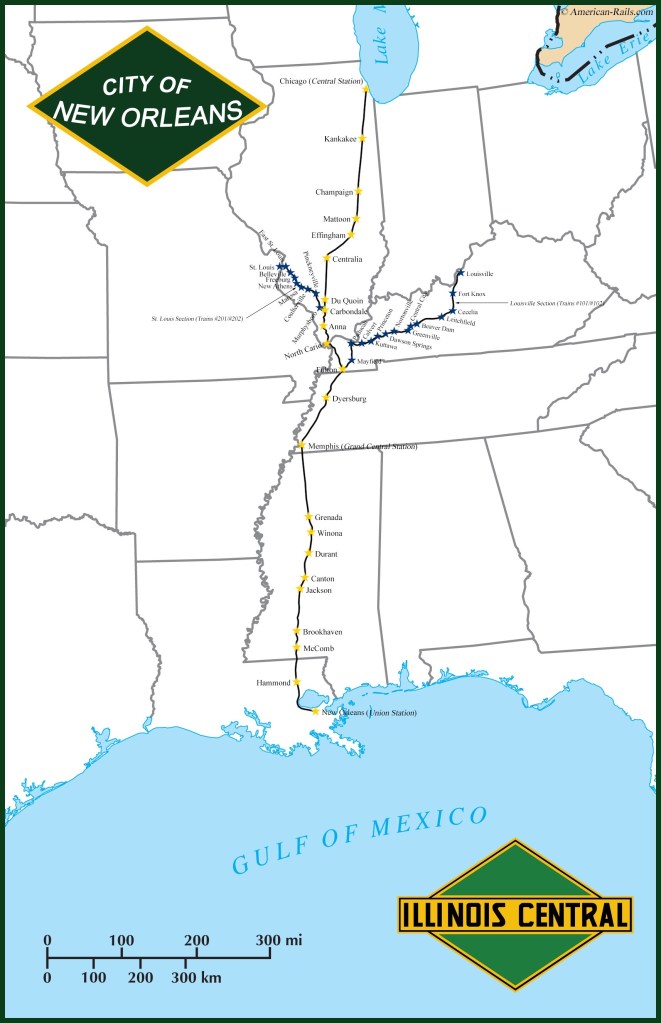 Map of path of Cit of New Orleans Illinois Central rail